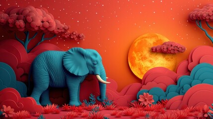 Canvas Print -  a blue elephant standing in the middle of a forest with a full moon in the background and red flowers in the foreground, and a full moon in the background.