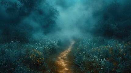 Canvas Print -  a dirt road in the middle of a grassy field with trees and flowers on either side of the road is a foggy, blue sky filled forest with yellow flowers.