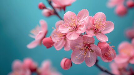 Sticker -  a close up of a pink flower on a tree branch with a blue back ground and a blue sky in the background with a few pink flowers in the foreground.