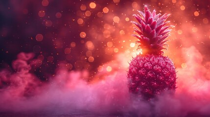 Poster -  a pink pineapple sitting on top of a pink cloud filled with pink and red smoke on a black background with a blurry light coming from the top of the pineapple.