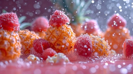 Poster -  some raspberries and pineapples are covered in water on a pink surface with a pineapple in the middle of the image and a pineapple in the background.