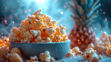 Canvas Print -  a bowl of popcorn sitting on a table next to a pineapple and a pineapple on the other side of the bowl, with a pineapple in the background.