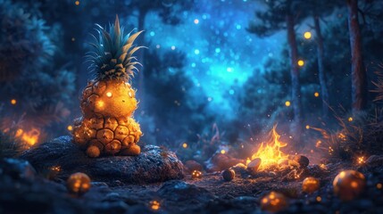 Canvas Print -  a pineapple sitting on top of a rock in the middle of a forest filled with lots of fireflies and glowing balls of fire next to a blue sky.