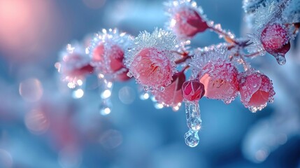 Wall Mural -  a close up of a branch with drops of water on it and a blurry background of a tree branch with leaves and drops of water on top of the branches.