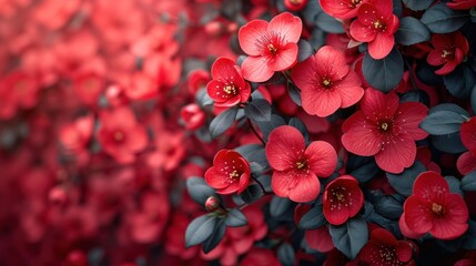 Poster -  a bunch of red flowers sitting on top of a lush green leafy plant filled with lots of red and green leaves in the center of the picture is a blurry background.