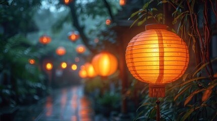 Sticker -  a row of orange lanterns hanging from a tree in a park next to a street with lots of trees and bushes on both sides of the street and a wet sidewalk.