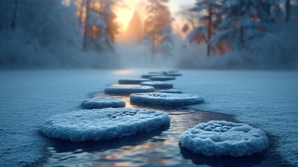 Poster -  a row of stepping stones sitting in the middle of a frozen lake in the middle of a snow covered forest with the sun shining through the trees in the background.