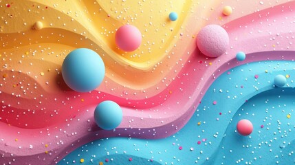 Wall Mural -  an abstract painting with pastel colors and sprinkles on a blue, pink, yellow, and pink background with white and blue balls of varying sizes.