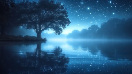 Canvas Print -  a body of water with a tree in the middle of it and a sky full of stars in the sky above the water and a body of water with a tree in the foreground.