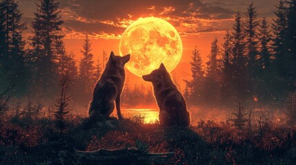 Canvas Print -  a couple of dogs standing next to each other in front of a full moon with a forest on the other side of the moon and a body of water in the foreground.