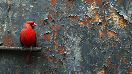 Sticker -  a red bird perched on top of a rusted metal bar on a rusted metal wall with peeling paint peeling paint on the walls and peeling paint peeling paint.