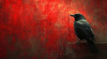 Poster -  a painting of a black bird sitting on a branch in front of a red, grungy, grungy, textured, and textured background.