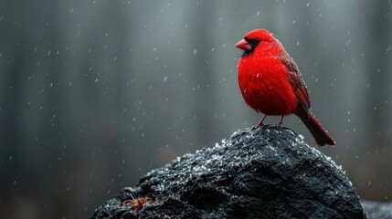 Wall Mural -  a red bird sitting on top of a rock in the rain with it's eyes closed and it's head turned to the side with it's eyes closed.