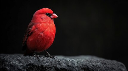 Wall Mural -  a red bird sitting on top of a rock on top of a pile of black rocks in front of a black background with a white spot in the middle of the photo.