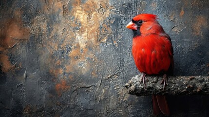 Wall Mural -  a red bird perched on top of a tree branch in front of a gray and rusted wall with peeling paint on it's sides and a black background.
