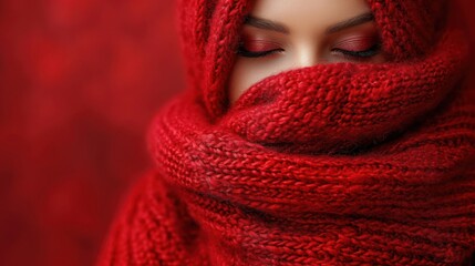 Wall Mural -  a close up of a woman wearing a red scarf with her eyes closed and her head wrapped in a red scarf with her eyes closed, with her eyes closed.