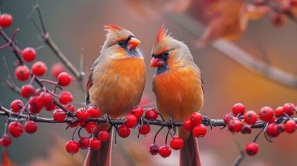 Poster -  a couple of birds sitting on top of a tree next to a bunch of red berries on top of a branch with red berries on top of the branches and red berries on the branches.