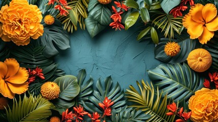 Wall Mural -  a picture of a bunch of flowers on a blue background with green leaves and red flowers on the bottom of the picture and a blue background with green leaves and red flowers on the bottom.