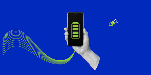 wireless technologies, environmentally friendly phone charging. there is a green full battery icon o