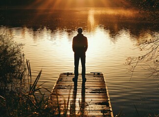 Sticker -  a man standing on a dock in front of a body of water with the sun shining down on the water and trees in the foreground and a body of water in the foreground.