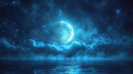 Wall Mural -  a painting of a full moon in the sky above a body of water with clouds and stars in the sky above the water is a body of water with a boat in the foreground.