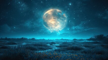 Canvas Print -  a night scene with a full moon in the sky and a field of wildflowers in the foreground and a blue sky with stars and clouds in the background.