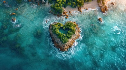 Poster -  an aerial view of a heart - shaped island in the middle of a body of water surrounded by rocks and greenery in the middle of the middle of the ocean.