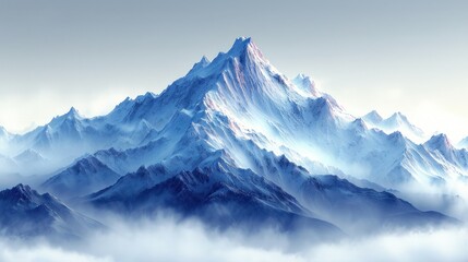 Sticker -  a painting of a mountain range with clouds in the foreground and a light blue sky in the background with a few clouds in the foreground and the top of the mountain.