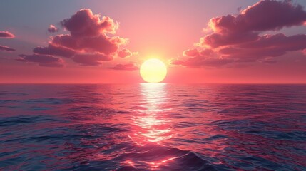 Wall Mural -  a large body of water with a sunset in the middle of the ocean and a boat in the middle of the water with the sun in the middle of the water.