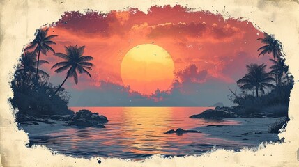 Wall Mural -  a painting of a sunset over a body of water with palm trees in the foreground and an island in the middle of the water with rocks in the foreground.