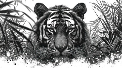 Wall Mural -  a black and white picture of a tiger in the grass with a black and white image of the head of a tiger in the foreground and the image of a black and white background.