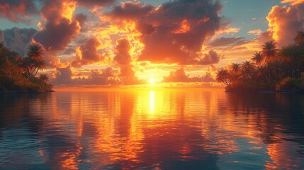 Wall Mural -  the sun is setting over a body of water with palm trees in the foreground and clouds in the sky over the water and on the other side of the water.