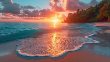 Wall Mural -  the sun is setting over the ocean on a beach with waves crashing on the shore and trees lining the shoreline and trees lining the shore line in the foreground.