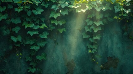 Wall Mural -  a green ivy covered wall with sunlight coming through the leaves of the plant on the left side of the wall and the light coming through the leaves on the right side of the wall.