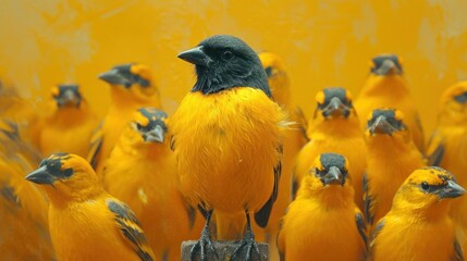 Wall Mural -  a group of yellow birds standing next to each other in front of a yellow wall with a black bird on the top of one of the birds's head.