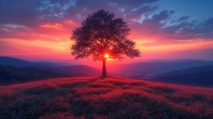 Poster -  a lone tree on top of a hill with the sun setting in the distance in the middle of the picture, with the sun setting in the middle of the middle of the picture.