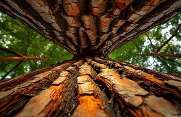 Poster -  a view looking up at the top of a tall tree in a forest with lots of trees in the foreground and green leaves on the top of the tree.