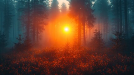 Canvas Print -  a forest filled with lots of trees and a bright sun in the middle of the forest on a foggy day in the middle of the picture is an orange glow of the sun.