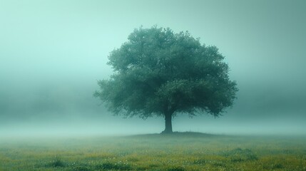 Poster -  a lone tree in the middle of a field of grass on a foggy day in the middle of a field of grass and flowers on a foggy day.