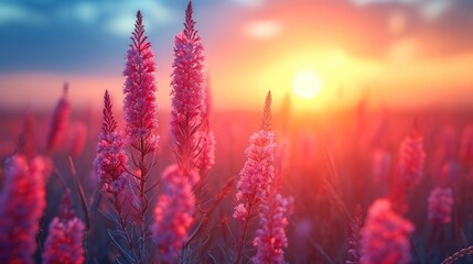 Wall Mural -  a field of pink flowers with the sun setting in the backgroud of the horizon in the distance, with a blue sky in the foreground and a few clouds in the foreground.