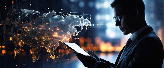 Wall Mural - The businessman using a tablet in a silhouette double exposure. In the background is network of glowing data. Cybersecurity, Cyber crime, Cyberattack. Stylish in the style of double exposure