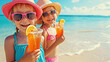 © ximich_natali - Cute children in sunglasses and straw hats holding lemonade or tropical fresh citrus cocktail beach exotic vacation
