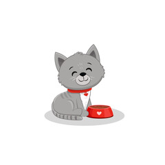 Wall Mural - cute cartoon grey kitten sitting near a bowl of food.Cat isolated on white background.Vector