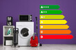 © New Africa - Energy efficiency rating label and different household appliances near purple wall indoors