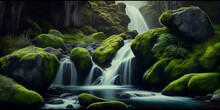 Waterfall And Mountain River In The Green Forest. Water Flows Among Rocks Covered With Moss.