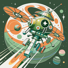 Wall Mural - Abstract drawing with a space probe with solar panels flying past the planets. SVG version.