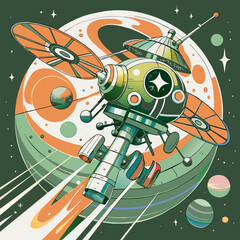 Wall Mural - Abstract drawing with a space probe with solar panels flying past the planets. EPS version.