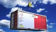Freight shipping container with national flag of Malta hanging on crane hook - 3D illustration