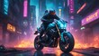 Futuristic Thrills: Motorcycle Ride through a Neon-lit Metropolis
