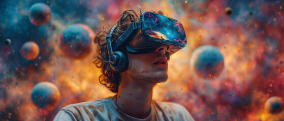 Wall Mural - Portrait of a young man in virtual reality glasses against the background of planets and stars.